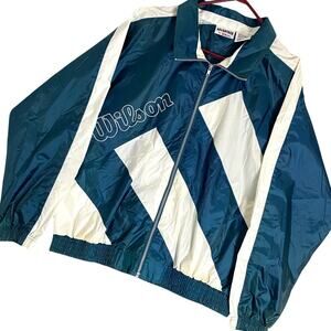 Vtg Wilson Advantage Windbreaker Mens L Satin Green/White Nylon Color Block‎
